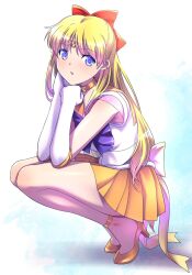  1girl aino_minako bishoujo_senshi_sailor_moon blonde_hair blue_eyes bow choker commentary_request elbow_gloves elbow_rest from_side gem gloves hair_bow head_rest high_heels highres himehachi_(hime8manga) inner_senshi leotard long_hair looking_at_viewer magical_girl miniskirt orange_footwear orange_skirt pleated_skirt ribbon sailor_senshi sailor_senshi_uniform sailor_venus shoes skirt solo squatting thighs tiara white_gloves white_leotard 