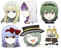  2boys 5girls asdf1211950 bill_(black_souls) black_hairband black_hat black_souls black_souls_2 blonde_hair blue_hair bow catherine_(black_souls) cinderella_(black_souls) dated green_hair gretel_(black_souls) grey_hair hair_bow hairband hansel_(black_souls) hashtag-only_commentary hat hatter_(black_souls) highres jeanne_(black_souls) long_hair low-tied_sidelocks multiple_boys multiple_girls open_mouth portrait profile purple_hair red_bow red_eyes red_hairband short_hair siblings sidelocks smile twins white_hairband yellow_eyes 