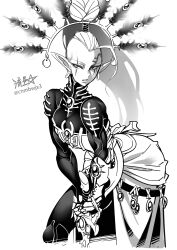  1girl asymmetrical_hair bodysuit breasts commentary earrings eldar elf english_commentary facial_tattoo front_slit gauntlets greyscale headdress high_ponytail highres hoop_earrings jewelry long_hair long_pointy_ears long_skirt monochrome muscular muscular_female planted planted_sword pointy_ears ponytail ryuusei_(mark_ii) scar scar_across_eye sidecut single_gauntlet skin_tight skirt small_breasts solo sword tattoo undercut v_arms warhammer_40k weapon yvraine 