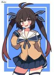  1girl :d absurdres antenna_hair artist_name black_outline blue_background blue_ribbon blue_skirt blush border bright_pupils brown_hair brown_shirt collarbone commentary_request contrapposto cowboy_shot girls_frontline hair_ribbon hand_on_own_chest hand_up hendra highres long_hair looking_at_viewer m14_(girls&#039;_frontline) miniskirt open_mouth orange_eyes outline outside_border pleated_skirt ribbon sailor_collar shirt signature simple_background skirt sleeves_past_wrists smile solo standing twintails v-neck white_border white_pupils white_sailor_collar 