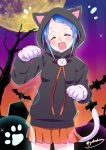  1girl animal_ears bangs bare_tree bat blue_hair breasts cat_ears cat_tail closed_eyes commentary_request cross fang gloves halloween halloween_costume hood hoodie kantai_collection looking_at_viewer moon night night_sky notice_lines open_mouth orange_skirt paw_gloves paw_print paws samidare_(kantai_collection) sidelocks skin_fang skirt sky small_breasts solo swept_bangs tail tree yokoshima_(euphoria) 