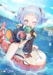  1girl azur_lane bangs bird blue_hair blunt_bangs breasts child copyright_name eyebrows_visible_through_hair gloves highres long_sleeves looking_at_viewer ocean official_art one_eye_closed open_mouth red_eyes riding seagull short_hair short_twintails sinomi small_breasts smile solo spread_legs swimsuit twintails u-556_(azur_lane) water water_gun wet 