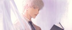  1boy black_necktie book collared_shirt curtains formal grey_eyes hair_between_eyes highres holding holding_book indoors light_particles looking_at_viewer love_and_deepspace male_focus necktie orihara0820 parted_lips shirt short_hair solo teeth upper_body white_background white_hair white_shirt xavier_(love_and_deepspace) 