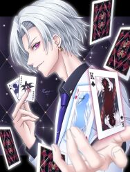  1boy airis_(shironeko_project) card earrings fios_(shironeko_project) formal highres jack_(playing_card) jacket jewelry joker_(playing_card) king_(playing_card) male_focus necktie playing_card profile protagonist_(shironeko_project) purple_necktie queen_(playing_card) ray_(ray_blue_illust) shironeko_project short_hair solo suit suit_jacket violet_eyes white_hair white_suit 