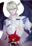  1boy an876-com black_hair blue_eyes closed_mouth collar daitengu_(onmyoji) feathered_wings highres long_sleeves looking_to_the_side male_focus mask onmyoji open_mouth short_hair simple_background solo tengu_mask white_background white_hair wings 