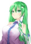  1girl bangs bare_shoulders blush breasts choro_tofu commentary_request detached_sleeves frog_hair_ornament green_eyes green_hair hair_between_eyes hair_ornament hair_tubes kochiya_sanae large_breasts long_hair long_sleeves looking_at_viewer parted_lips shirt simple_background single_sidelock snake snake_hair_ornament solo touhou upper_body white_background white_shirt 