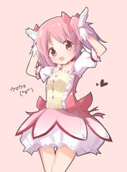  :d absurdres blush bubble_skirt caramelldansen gloves hair_ribbon hands_on_own_head heart highres kaname_madoka kaname_madoka_(magical_girl) looking_at_viewer magical_girl mahou_shoujo_madoka_magica nag_peach open_mouth outline pink_background pink_eyes pink_hair puffy_sleeves rabbit_pose ribbon short_twintails skirt smile solo soul_gem standing twintails upper_body white_gloves white_outline 