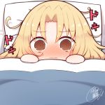  1girl bangs beni_shake blonde_hair blush brown_eyes chibi closed_mouth commentary_request ereshkigal_(fate/grand_order) eyebrows_visible_through_hair fate/grand_order fate_(series) hair_between_eyes hands_up looking_at_viewer lying nose_blush on_back parted_bangs pillow signature solo sweat translated under_covers wavy_mouth 