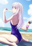  1girl absurdres beach blue_sky clouds cute day fire_emblem fire_emblem:_three_houses fire_emblem:_three_houses fire_emblem_16 food gzo1206 highres holding ice_cream_cone intelligent_systems loli long_hair looking_to_the_side lysithea_von_ordelia nintendo one-piece_swimsuit outdoors pink_eyes popsicle sitting sky solo summer swimsuit water white_hair 