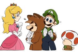  1girl 3boys backpack bag blue_eyes blue_overalls brown_hair facial_hair gloves green_shirt hat highres luigi male_focus mario mimimi_(mimimim9999) multiple_boys mustache overalls princess_peach shirt short_hair super_mario_bros. tanuki_mario the_super_mario_bros._movie toad_(mario) white_gloves 