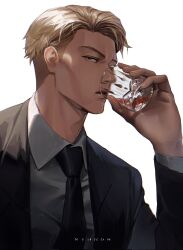  1boy black_coat black_necktie blonde_hair brown_eyes coat collared_shirt drinking formal glass highres jujutsu_kaisen long_sleeves looking_at_viewer male_focus necktie nthndn open_clothes open_coat refraction shirt short_hair simple_background solo suit undercut upper_body white_background white_shirt 