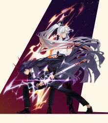  2girls absurdres black_footwear black_jacket black_necktie black_pants blue_eyes closed_mouth electricity fire formal glowing glowing_sword glowing_weapon high_heels highres holding holding_sheath holding_sword holding_weapon honkai_(series) honkai_impact_3rd horns jacket katana kiana_kaslana kiana_kaslana_(herrscher_of_flamescion) long_hair multiple_girls necktie pants ponytail purple_background purple_hair raiden_mei raiden_mei_(herrscher_of_thunder) sheath shirt standing sword two-tone_background very_long_hair violet_eyes weapon white_hair white_shirt yellow_background zhelizhiyouhongcha 