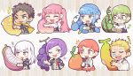  4boys 4girls banana black_gloves blonde_hair blue_hair blush_stickers braid brown_eyes brown_hair cape chibi claude_von_riegan closed_eyes closed_mouth crown_braid dark_skin dark_skinned_male earrings fire_emblem fire_emblem:_three_houses food fruit garreg_mach_monastery_uniform glasses gloves grapes green_eyes green_hair hilda_valentine_goneril ignatz_victor jewelry lemon leonie_pinelli long_hair long_sleeves lorenz_hellman_gloucester lysithea_von_ordelia marianne_von_edmund multiple_boys multiple_girls one_eye_closed open_mouth orange orange_eyes orange_hair paintbrush painting peach pink_eyes pink_hair purple_hair raphael_kirsten short_hair short_sleeves sleeping smile teijiro tongue tongue_out twintails uniform watermelon white_hair yellow_cape 