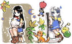  1girl animal animal_collar arms_up bird black_eyes black_hair blue_overalls boots bow brown_footwear cat chibi chibi_inset chicken closed_eyes collar colored_eyelashes commentary corn crescent daisy english_commentary expressionless flower food fruit hair_flower hair_ornament highres holding holding_animal leaning_on_object leaning_to_the_side long_hair looking_at_viewer looking_down multiple_views on_stool orange_cat orange_fur overall_shorts overalls oversized_food oversized_object player_character_(stardew_valley) scythe shirt sitting slime_(creature) snoozaga socks star_(symbol) stardew_valley strawberry striped_fur t-shirt white_bird white_flower yellow_bow yellow_shirt yellow_socks 