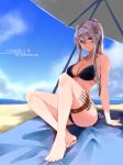 1girl absurdres bangs bare_shoulders barefoot beach bikini blue_eyes breasts collarbone commentary day eyebrows_visible_through_hair highres large_breasts long_hair looking_at_viewer original outdoors silver_hair smile solo suiiryu swimsuit thigh_strap virtual_youtuber 