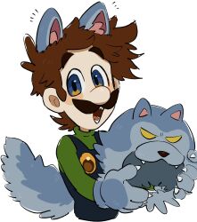  1boy animal_costume animal_ears blue_eyes blue_overalls brown_hair facial_hair fangs gloves halloween hat highres looking_at_viewer luigi male_focus mimimi_(mimimim9999) mustache overalls shirt short_hair solo super_mario_bros. unworn_hat unworn_headwear white_gloves wolf_costume wolf_ears wolf_mask 