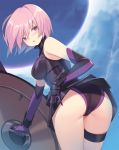  1girl armor armored_dress ass bare_shoulders black_leotard blue_sky blush breasts elbow_gloves fate/grand_order fate_(series) gloves hair_over_one_eye highleg highleg_leotard large_breasts lavender_hair leotard looking_at_viewer looking_back mash_kyrielight open_mouth purple_gloves shield short_hair sky solo thigh_strap thighs violet_eyes yura_(botyurara) 