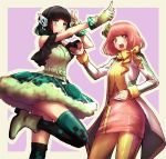  2girls black_hair blue_eyes bow cosplay costume_switch dress fingerless_gloves gloves humagear_headphones is_(kamen_rider_01) kamen_rider kamen_rider_01_(series) kamen_rider_ex-aid_(series) leg_up mido_(byebyebye03) multiple_girls pantyhose pink_eyes pink_hair poppi_pipopapo thigh-highs v 