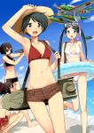  4girls aircraft beach bikini black_hair blush breasts brown_hair brown_shorts clouds day e16a_zuiun eyewear_on_head goggles hat hyuuga_(kantai_collection) ise_(kantai_collection) kantai_collection kumadano long_hair medium_breasts mikuma_(kantai_collection) mogami_(kantai_collection) multiple_girls navel ocean open_mouth outdoors ponytail red_bikini red_ribbon ribbon rigging short_hair shorts sky snorkel squatting standing straw_hat sunglasses swimsuit twintails white_bikini 