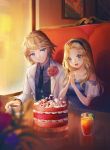  1boy 1girl bare_shoulders birthday_cake blonde_hair blue_eyes cake chibi_vanille corsage debonair_ezreal ezreal food hands_together happy highres league_of_legends long_hair luxanna_crownguard open_mouth orange_juice tagme tea 