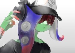  1girl baseball_cap blue_hair bra_strap bracelet cephalopod_eyes closed_mouth colored_skin dedf1sh eyes_visible_through_eyewear frown ga4me4 gradient_background gradient_hair gradient_skin green_skin hand_up hat headphones headphones_over_headwear horizontal_pupils jewelry long_hair multicolored_hair multicolored_skin octoling red-tinted_eyewear red_skin redhead sanitized_(splatoon) solo splatoon_(series) sunglasses tentacle_hair tinted_eyewear two-tone_hair two-tone_skin upper_body 