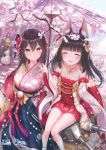  2girls :d ^_^ absurdres animal_ear_fluff animal_ears azur_lane bangs bare_shoulders black_hair blush braid breasts brown_eyes brown_hair cannon cherry_blossoms closed_eyes day dress eyebrows_visible_through_hair fox_ears gloves hair_between_eyes hair_ornament hakama hands_up highres hime_cut holding holding_umbrella horns japanese_clothes jewelry kachayori kimono long_hair long_sleeves looking_at_viewer medium_breasts mikasa_(azur_lane) multiple_girls nagato_(azur_lane) necklace obi open_mouth oriental_umbrella outdoors petals pink_kimono sash side_braid sitting sleeveless sleeveless_dress smile thigh-highs turret umbrella very_long_hair white_gloves white_legwear 