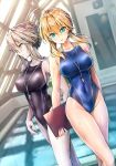  2girls ahoge artoria_pendragon_(all) artoria_pendragon_(lancer) artoria_pendragon_(lancer_alter) bangs black_swimsuit blonde_hair blue_eyes blue_swimsuit braid breasts clipboard commentary_request covered_navel cowboy_shot crown_braid dutch_angle eyebrows_visible_through_hair fate/apocrypha fate/grand_order fate_(series) hair_between_eyes indoors kotatsu_(kotatsu358) large_breasts long_hair multiple_girls pool profile rei_no_pool sidelocks silver_hair standing swept_bangs swimsuit whistle whistle_around_neck yellow_eyes 