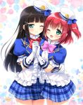  2girls bangs black_hair blue_skirt blunt_bangs bow bowtie closed_mouth commentary_request eyebrows_visible_through_hair frilled_shirt frills gloves green_eyes hair_ornament hairclip hand_on_another&#039;s_waist hat holding_hands kurosawa_dia kurosawa_ruby long_hair love_live! love_live!_sunshine!! medium_hair mini_hat miniskirt mole mole_under_mouth multiple_girls one_eye_closed open_mouth ozawa_yuu pink_neckwear plaid plaid_skirt pleated_skirt puffy_short_sleeves puffy_sleeves red_neckwear redhead shirt short_sleeves siblings sisters skirt two_side_up white_gloves 