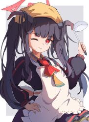  1girl ;) apron ascot black_hair black_horns blue_archive blunt_bangs border commentary cowboy_shot demon_horns frilled_apron frills fuuka_(blue_archive) grey_background hair_on_horn halo hand_on_own_hip hand_up happy head_scarf highres holding holding_ladle horns ladle long_hair looking_at_viewer moru_(moru20000) one_eye_closed outside_border red_ascot red_eyes red_halo sidelighting simple_background smile solo tsurime twintails very_long_hair white_apron white_border 
