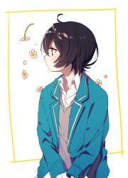  1boy 4_(nakajima4423) ahoge bishounen black_hair blazer border collared_shirt cowboy_shot cropped_legs daisy ensemble_stars! falling_flower falling_petals flipped_hair flower grey_sweater_vest inset_border jacket long_sleeves looking_to_the_side lopsided_border male_focus open_clothes open_collar open_jacket parted_lips petals profile sakuma_ritsu school_uniform shirt short_hair simple_background solo sweater_vest v_arms white_background white_flower white_shirt wing_collar yellow_border yumenosaki_school_uniform 