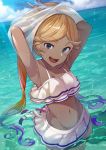  1girl armpits arms_behind_head arms_up bangs bare_shoulders bikini blonde_hair blue_eyes blush breasts clothes_lift collarbone dark_skin gradient_hair granblue_fantasy hinami_(hinatamizu) io_euclase long_hair looking_at_viewer miniskirt multicolored_hair navel ocean open_mouth rainbow_hair sheer_clothes skirt small_breasts smile solo swept_bangs swimsuit tan twintails water white_bikini white_skirt 