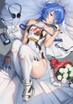  1girl ankle_boots ayanami_rei bangs bare_shoulders blue_hair boots bouquet breasts bridal_veil cassette_player dress eyepatch finger_to_mouth flower gloves headphones highres interface_headset looking_at_viewer lying mhk_(mechamania) neon_genesis_evangelion on_back parted_lips red_eyes short_hair side_cutout sleeveless sleeveless_dress solo thigh-highs thighs veil white_dress white_footwear white_gloves white_legwear 