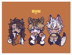  3boys animal_ears braid brown_hair commentary cropped_torso doughnut eating fangs food green_eyes grey_eyes highres holding holding_food hyena_boy hyena_ears lion_boy lion_ears long_hair male_focus multiple_boys night_raven_college_uniform orange_background orange_eyes sandwich scar scar_across_eye school_uniform simple_background slit_pupils symbol-only_commentary tail tbr0009 twin_braids twisted_wonderland upper_body wolf_boy wolf_ears wolf_tail 