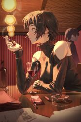  1girl absurdres ashtray bare_shoulders black_hair black_sweater blue_eyes bottle ceiling_light chainsaw_man cigarette cigarette_pack clothing_cutout cup drinking_glass eyepatch from_side highres himeno_(chainsaw_man) kozzz_y short_hair shoulder_cutout sitting sleeves_past_wrists smoking solo_focus sweater table turtleneck turtleneck_sweater window_blinds wine_glass 