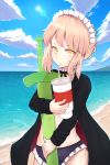  1girl absurdres artoria_pendragon_(all) artoria_pendragon_(swimsuit_rider_alter) bangs beach bikini black_jacket black_ribbon blonde_hair breasts clouds commentary_request day drinking drinking_straw eyebrows_visible_through_hair fate/grand_order fate_(series) greypidjun highres holding huge_filesize jacket looking_at_viewer maid_headdress navel outdoors purple_bikini red_jacket ribbon solo swimsuit sword weapon yellow_eyes 