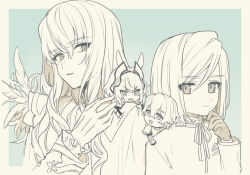  1girl 3boys animal_ears armor ascot blue_background border caenis_(fate) caenis_(second_ascension)_(fate) chibi chibi_on_shoulder closed_mouth fate/extra fate/grand_order fate_(series) feathers frilled_sleeves frills gawain_(fate) gloves hair_between_eyes hairband hand_on_own_chin hand_up headpiece horse_ears jacket karokuchitose kirschtaria_wodime leonard_bistario_harway long_hair long_sleeves looking_at_another male_focus monochrome multiple_boys neck_ribbon open_mouth parted_lips popped_collar ribbon sharp_teeth short_hair simple_background smile teeth upper_body upper_teeth_only yellow_border 