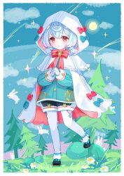  1girl :o aqua_shirt black_footwear black_shorts blue_bow blue_hair blue_ribbon blue_sky blush border bow bowtie cape clouds commentary_request day flower foot_out_of_frame foot_up genshin_impact gloves hair_ornament highres hood hood_up light_blue_hair long_sleeves looking_at_viewer medium_hair official_alternate_costume own_hands_clasped own_hands_together pom_pom_(clothes) pom_pom_hair_ornament puffy_long_sleeves puffy_sleeves rabbit red_bow red_bowtie red_eyes ribbon shirt shorts sigewinne_(genshin_impact) signature sky solo sun thigh-highs tree white_border white_cape white_flower white_gloves white_hood white_thighhighs yutukicom 