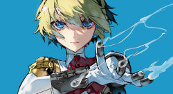  1girl absurdres aegis_(persona) android blonde_hair blue_background blue_eyes bow bowtie closed_mouth collared_shirt commentary_request hair_between_eyes headphones highres joints looking_at_viewer mura_karuki outstretched_arm persona persona_3 red_bow red_bowtie robot_joints shirt short_hair simple_background smoke solo straight-on upper_body 