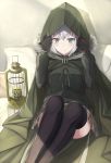  1girl bangs black_gloves black_legwear blush cape cloak commentary_request eyebrows_visible_through_hair fate_(series) fur_trim gloves gray_(lord_el-melloi_ii) green_eyes grey_hair hair_between_eyes hood hood_up long_sleeves looking_at_viewer lord_el-melloi_ii_case_files on_bed piisu short_hair silver_hair sitting skirt solo thigh-highs 