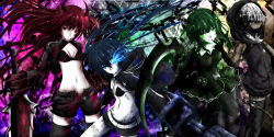  4girls absurdres arm_cannon bikini bikini_top_only black_gold_saw black_hoodie black_leggings black_rock_shooter black_rock_shooter_(character) black_shorts blue_hair chain dark-skinned_female dark_skin dead_master demon_tail flame_print flaming_eye green_eyes highres hood hoodie horns king_saw kitamuraeri leggings long_hair mechanical_arms medium_hair multiple_girls pale_skin red_eyes redhead rock_cannon scar scythe short_hair shorts skeletal_hand skull strength_(black_rock_shooter) swimsuit sword tail twintails uneven_twintails weapon white_hair 