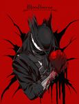  1boy arizuka_(catacombe) black_gloves black_headwear bloodborne commentary_request copyright_name face_mask gloves hat heart highres holding_heart jacket looking_at_viewer mask red_background solo 