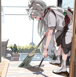  1girl animal_ear_fluff animal_ears blush bow broom brown_bow brown_eyes commentary_request dustpan grey_hair hair_bow holding holding_broom indoors japanese_clothes kimono lamb_(hitsujiniku) leaning_forward long_hair no_shoes obi plant ponytail potted_plant profile sash short_sleeves socks solo tabi tasuki touhoku_itako very_long_hair voiceroid white_kimono white_socks 