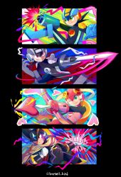  1girl 3boys android arm_blade arm_cannon arrow_(projectile) bass.exe_(mega_man) black_bodysuit black_helmet blonde_hair blue_gloves blue_helmet bodysuit buysell_bird cloak column_lineup dark_megaman.exe dark_persona electricity evil_grin evil_smile frown gloves green_eyes grin heart heart_arrow helmet highres leotard mega_man_(series) mega_man_battle_network_(series) mega_man_battle_network_4 megaman.exe multiple_boys one_eye_closed pink_helmet pink_leotard powering_up red_eyes roll.exe_(mega_man) shoulder_pads smile weapon white_gloves 