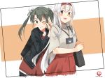  2girls alternate_costume annin_musou backpack bag black_eyes black_jacket commentary_request cowboy_shot dark_green_hair grey_shirt hairband id_card jacket japan_airlines kantai_collection logo long_hair looking_at_viewer multiple_girls one_eye_closed red_shirt shirt shoukaku_(kantai_collection) twintails upper_body white_hair zuikaku_(kantai_collection) 