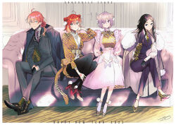  1boy 3girls alternate_costume alternate_hairstyle animal_print belt belt_buckle black_gloves black_jacket black_pants black_pantyhose black_vest brown_hair buckle collared_shirt command_spell couch crossed_legs dress dress_pants dress_shoes english_text fate/grand_order fate_(series) fishnets forehead formal fujimaru_ritsuka_(female) fur_trim gloves green_eyes hair_ornament hairpin half_gloves high_heels jacket jacket_on_shoulders leonardo_da_vinci_(fate) long_hair long_sleeves looking_at_viewer low_ponytail mash_kyrielight medium_hair multiple_girls necktie orange_eyes orange_hair pants pantyhose parted_bangs pom_pom_(clothes) pom_pom_hair_ornament purple_hair red_footwear romani_archaman shirt short_hair signature sitting smile suit tiger_print tiger_stripes vest violet_eyes wani_(mezo) white_dress white_gloves 