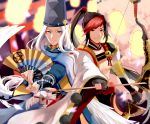 2boys abe_no_seimei_(onmyoji) arrow beads black_hair blue_eyes bow_(weapon) chinese_clothes closed_mouth collar fan hat high_ponytail holding holding_arrow holding_bow_(weapon) holding_fan holding_weapon japanese_clothes jewelry long_hair long_sleeves looking_at_viewer male_focus minamoto_no_hiromasa multicolored_hair multiple_boys onmyoji ponytail red_eyes redhead standing tate_eboshi tiyi_(tiyi_a09) two-tone_hair weapon white_hair 