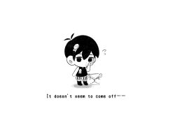  1boy black_eyes black_hair black_socks black_tank_top chibi chibi_only closed_mouth english_text flying_sweatdrops highres male_focus medal omori omori_(omori) short_hair shorts simple_background socks solo tank_top totemo_sindo trophy white_background white_shorts 