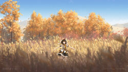  1girl absurdres artist_name autumn black_hair black_ribbon black_skirt blue_sky blurry blurry_foreground buttons camera chinese_commentary closed_mouth collared_shirt commentary_request day fasnakegod field frilled_skirt frills full_body hat highres leaf_print looking_at_viewer maple_leaf_print mountain mountainous_horizon no_wings outstretched_arms pointy_ears pom_pom_(clothes) puffy_short_sleeves puffy_sleeves red_eyes red_footwear red_hat ribbon scenery shameimaru_aya shirt shoes short_hair short_sleeves skirt sky socks solo spread_arms tokin_hat touhou tree wheat_field white_socks 