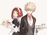  1boy 1girl apron back_bow bakugou_katsuki bangs black_dress blonde_hair blueberry blush_stickers bob_cut boku_no_hero_academia bow brown_eyes brown_hair cake collared_jacket cowboy_shot cup dress drinking_straw food fruit gem glass grey_background grey_vest holding holding_tray ice ice_cube joman lace-trimmed_hairband lace-trimmed_sleeves long_sleeves looking_at_another looking_to_the_side maid maid_apron maid_headdress puffy_short_sleeves puffy_sleeves red_eyes red_neckwear shirt short_hair short_sleeves sidelocks simple_background slice_of_cake spiky_hair strawberry teacup teapot tray uraraka_ochako vest waiter white_bow white_shirt wing_collar wrist_cuffs 
