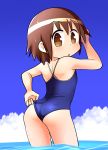  1girl absurdres adjusting_clothes adjusting_swimsuit ass blush breasts brown_eyes brown_hair chiden clouds eyebrows_visible_through_hair highres kill_me_baby looking_at_viewer looking_back ocean open_mouth oribe_yasuna outdoors school_swimsuit shiny shiny_hair shiny_skin short_hair shoulder_blades sky small_breasts solo standing sweat swimsuit swimwear wet wet_hair 